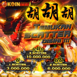 Banner slot scatter naga dari KOIN688 menampilkan hadiah 3 hingga 10 juta rupiah hanya dengan 1–3 simbol scatter dalam permainan bertema naga api.