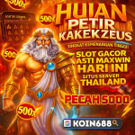Banner promosi slot Zeus hujan petir dengan maxwin hingga 5000x di situs slot terpercaya KOIN688