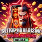Ilustrasi slot online Koin688 dengan karakter dewa api dan koin emas, menampilkan slogan "Setiap Hari Disini Wajib Menang"