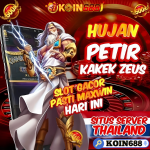 Gambar Kakek Zeus dengan petir di tangan pada promosi slot gacor KOIN688 server Thailand
