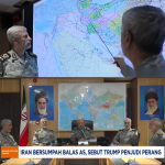 Ilustrasi ketegangan Iran dan AS, dengan simbol rudal dan gambar Donald Trump sebagai penjudi perang.