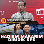 Menteri Nadiem Makarim sedang berbicara di podium, disertai teks klaim "Nadiem Makarim Jadi DPO Imbas Kasus Korupsi 9,9T". Sebuah ilustrasi yang menunjukkan isu dugaan korupsi yang sedang beredar.