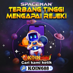 Gambar spaceman terbang tinggi dengan latar belakang langit malam simbol rejeki besar di KOIN688