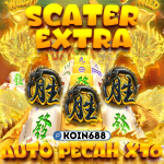 Banner promo slot online KOIN688 menampilkan fitur Scater Extra dan Auto Pecah X10 dengan naga emas dan simbol kemenangan mahjong