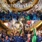 Para pemain Chelsea merayakan kemenangan atas PSG di final Piala Dunia Antar Klub 2025 dengan skor 3-0 sambil mengangkat trofi juara.