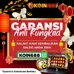 Banner promo KOIN688 dengan jaminan anti rungkad, saldo kembali 100% jika kalah, berlaku untuk semua member dengan syarat & ketentuan.