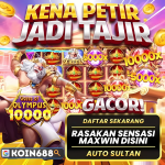 Ilustrasi Zeus melempar petir di Gates of Olympus dengan kemenangan besar 10.000x di situs slot online KOIN688