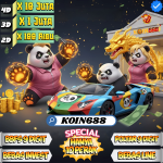 Ilustrasi panda bermain togel online KOIN688 dengan mobil sport dan hadiah BBFS 9 digit