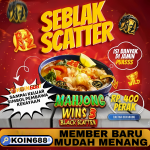 Mangkuk seblak pedas dengan simbol game slot Seblak Scatter di Koin688 dan tulisan Mahjong Wins 3.