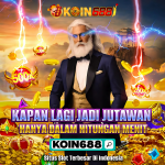 Banner promosi slot Koin688 menampilkan dewa berjanggut putih dengan efek petir dan koin emas, simbol kemenangan besar 500x.