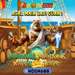 Gambar promosi KOIN688 dengan dewa petir dan slot Mahjong Ways, asal main jadi cuan dan raih kemenangan besar