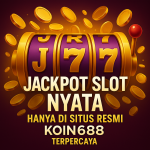 Ilustrasi slot machine berisi simbol 777 dengan koin emas berhamburan, menampilkan promo jackpot slot nyata di situs resmi Koin688 terpercaya.